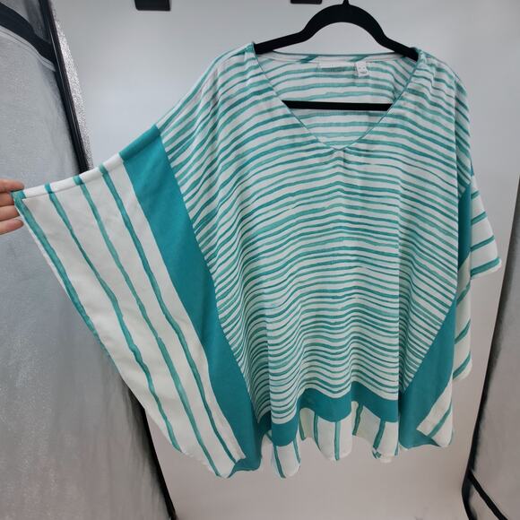 Susan Graver Scarf Top XL‎ Print Summer Beach Coverup Flowy Casual Teal White - Picture 4 of 7